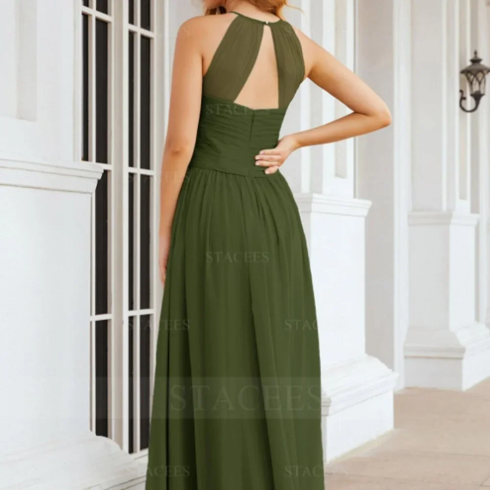 *UNOPENED* STACEES Long A-line Halter Chiffon *Olive* Bridesmaid Dress W/ Pleats - Picture 2 of 4